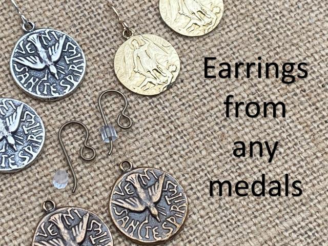 Custom Earrings made from your choice of Medallions, Crosses or Crucifixes, French Hook Dangle Earrings in Sterling Silver, Bronze or Gold