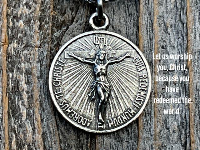 Sterling Silver Crucifix on Circle Disc & Lourdes Grotto Two-Sided French Antique Replica Round Medallion Pendant on Necklace, By OBC