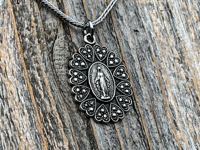 Sterling Silver Miraculous Medal Pendant Necklace, Hearts Border, Antique Replica, Blessed Virgin Mary Medal, Immaculate Virgin Mary, MM5