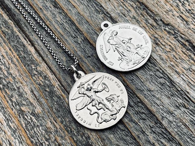 Shiny Sterling Silver St Michael the Archangel & Guardian Angel Medal Pendant on Necklace, Antique Replica of Rare Two-Sided Medallion, M3