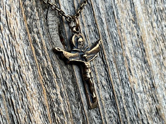 Bronze Trinity Crucifix Pendant and Necklace, Antique Replica, Father Son and Holy Spirit Medal, 3-in-1 Crucifix, Latin: A HERI HODIE SEMPER