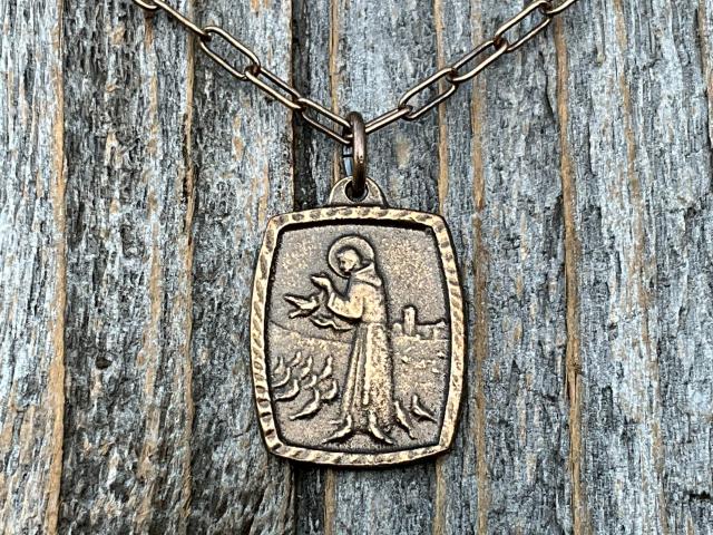 Bronze St. Francis of Assisi Medal and Necklace, Blessing Prayer on Backside, Antique Replica Medal, St Francis Pendant, Paperclip Chain