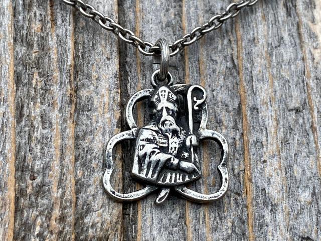 Antiqued Pewter Saint Patrick Shamrock Medal Pendant & Necklace, Antique Replica of Rare Medallion, Irish Catholic Unisex Silver Jewelry