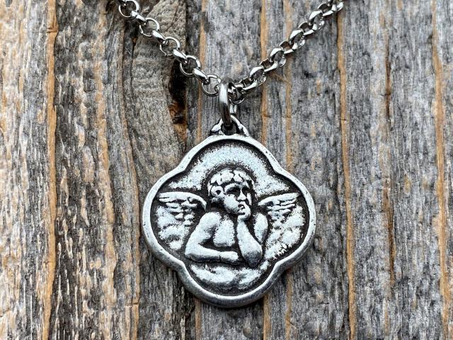 Antiqued Pewter Angel Pendant on Necklace, Reproduction French Antique Medallion, Quatrefoil Shaped Antique Replica Cherub Putti from France