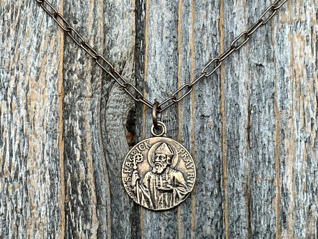 Small Bronze St Patrick Medallion and Necklace, Antique Replica of Rare Medal signed by Penin, Irish Catholic Gift, Patron Saint of Ireland