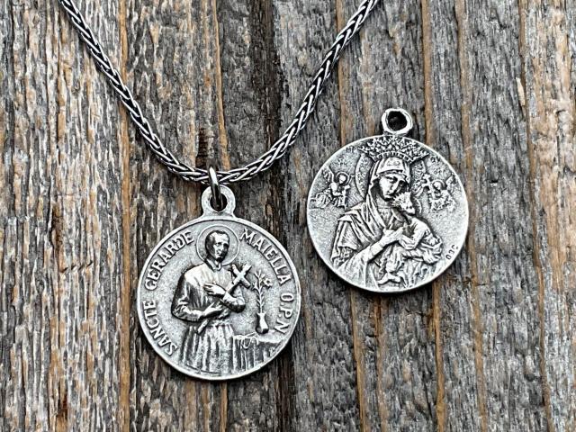 Sterling Silver St Gerard Majella & Our Lady of Perpetual Help Medallion Necklace, Antique Replica, Saint of Expectant Mothers, Fertility