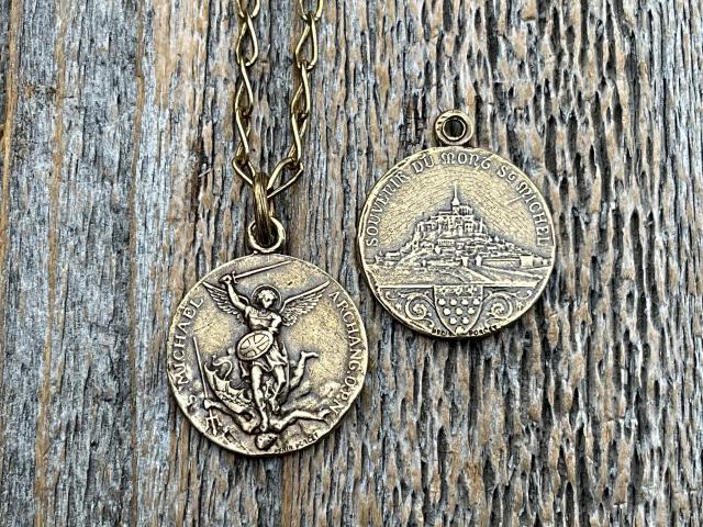 Antiqued Gold St Michael Medallion Necklace, Antique Replica French Saint Michael the Archangel Medal, Souvenir Mont St Michel France, Penin