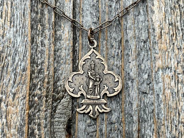 Bronze St Anne Medallion Necklace, Fleur de Lis Pendant, Antique Replica Medal, Patron Saint of Grandmothers, Mother’s Day Gift for Grandma