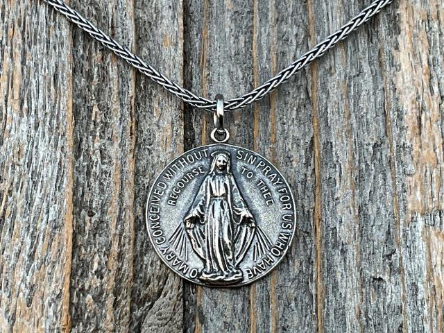 Sterling Silver Round Miraculous Medal Pendant Necklace, Antique Replica Circle Medallion, O Mary Conceived Without Sin Pray for Us, MM2