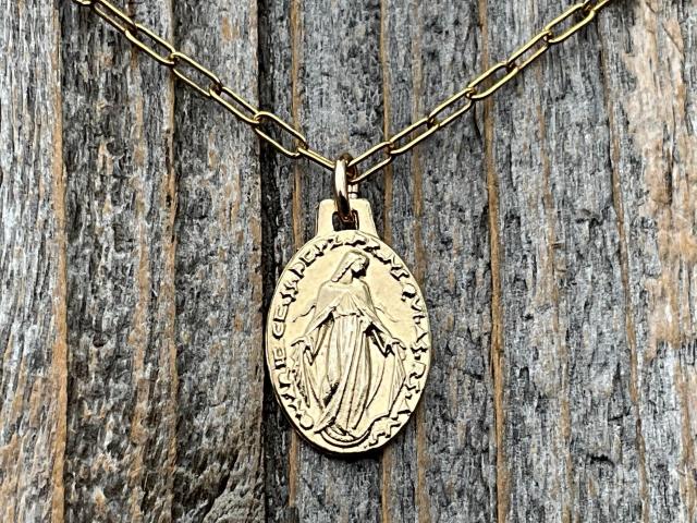 Gold Miraculous Medal Pendant Necklace, French Antique Replica Medallion, Signed by French Artist Ferdinand PY, Gold Bronze Our Lady Miracle