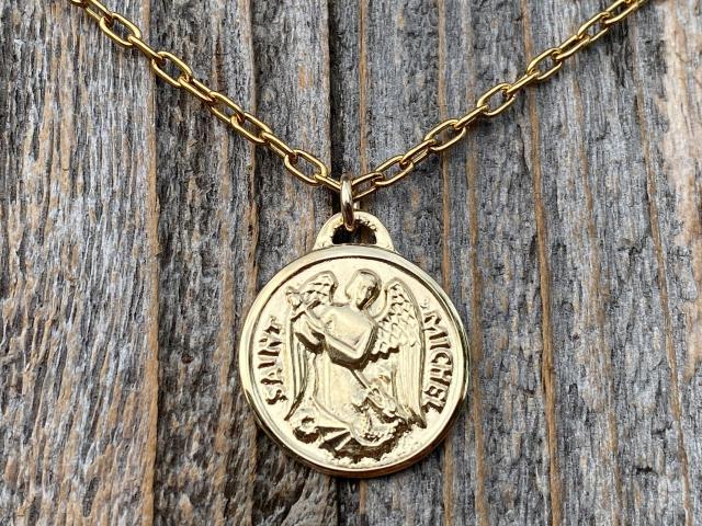 Gold St Michael Medallion Necklace, Antique Replica French Saint Michael the Archangel Pendant, Saint Michel from France, By PCH Chambault