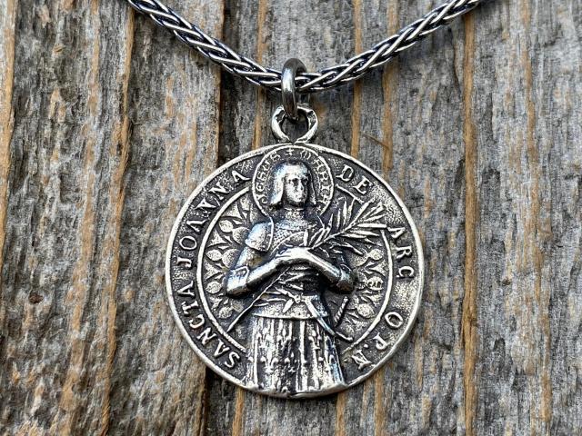 Sterling Silver Saint Joan of Arc Medallion and Necklace, Rare Latin medal signed by French Artist Louis Tricard, Handmade Antique Replica